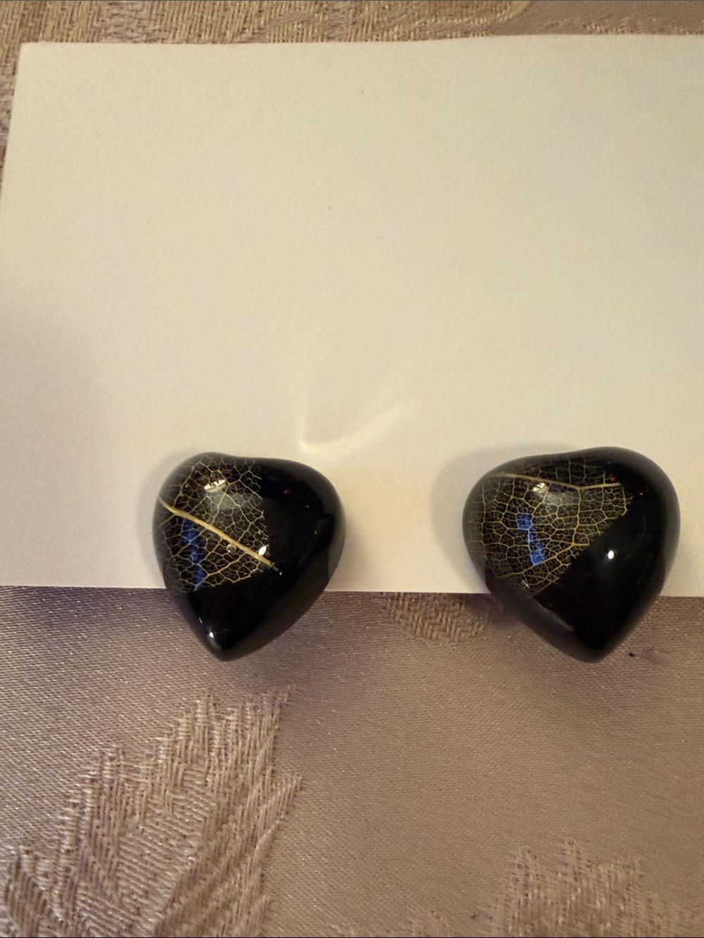 Pair of Black Heart Acrylic Earrings with Gold Leaf Vein Detail - Picture 2 of 5